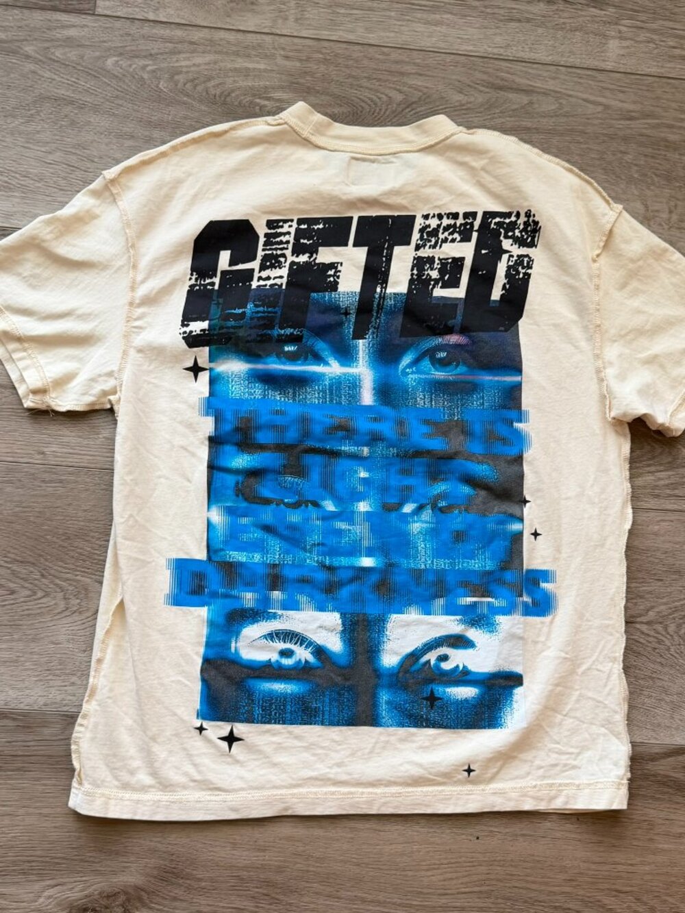 GFTD LA T-shirt with blue graphic of two eyes with text